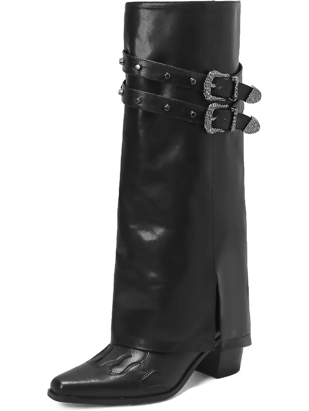 Women's Black Pointed Toe Block Mid Heel Fold Over Wide Calf Knee High Boots